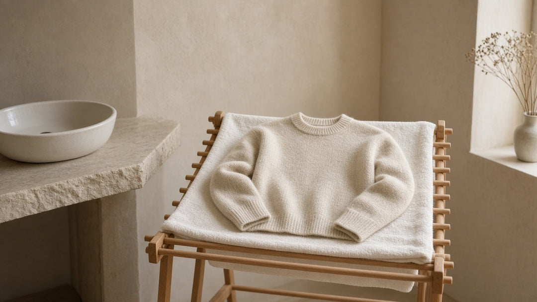 Cream wool jumper drying flat on a white towel over a wooden rack in a bright laundry room