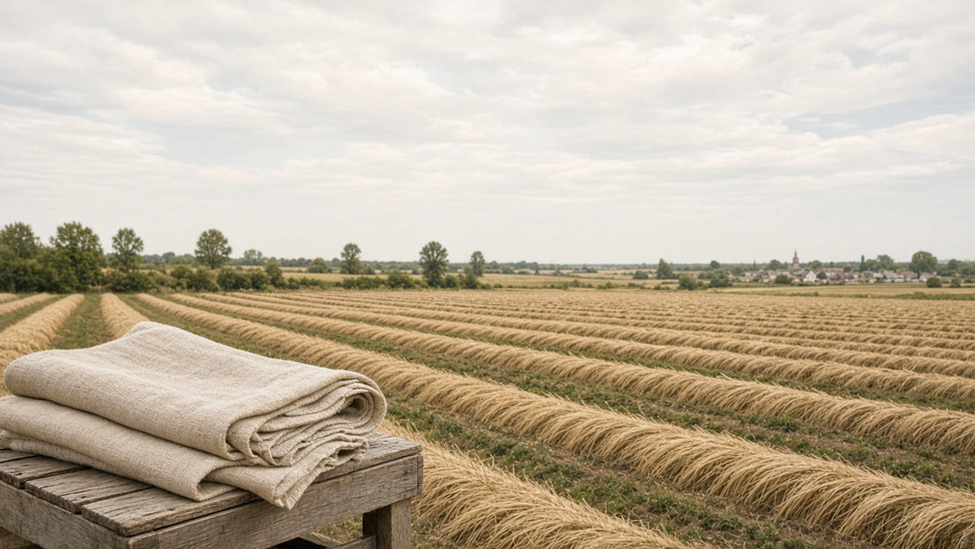 Rows of retted flax in a field with a folded bolt of natural linen on a wooden crate