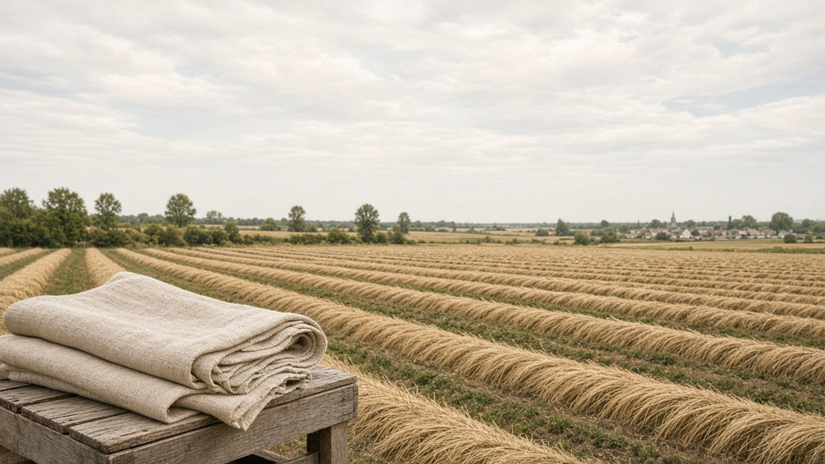Rows of retted flax in a field with a folded bolt of natural linen on a wooden crate