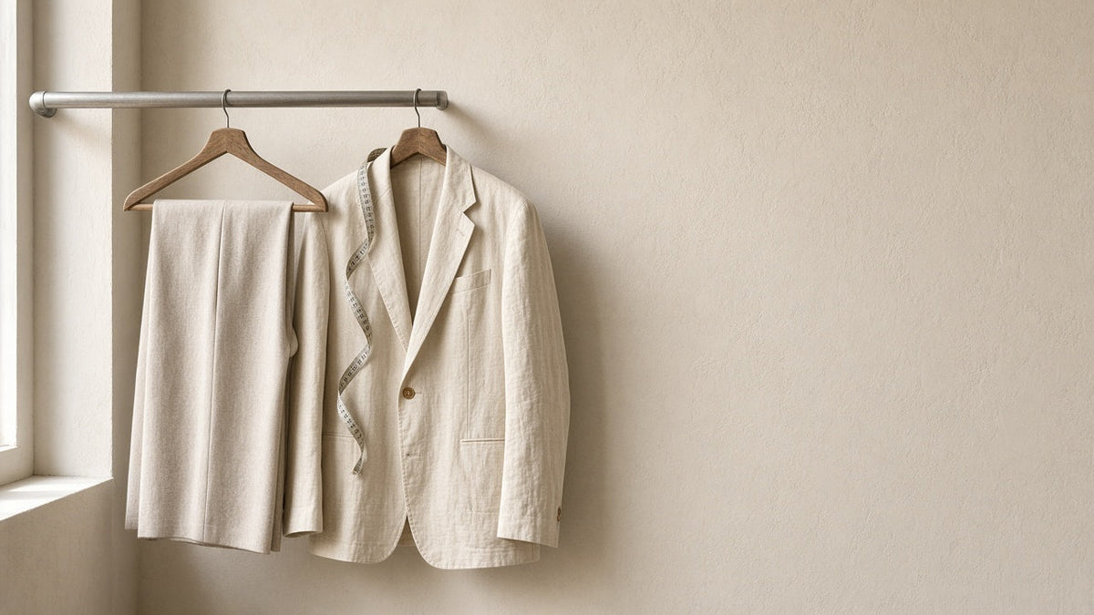 Cream linen jacket and pale wool trousers on wooden hangers on a metal rail, a tape measure over one shoulder