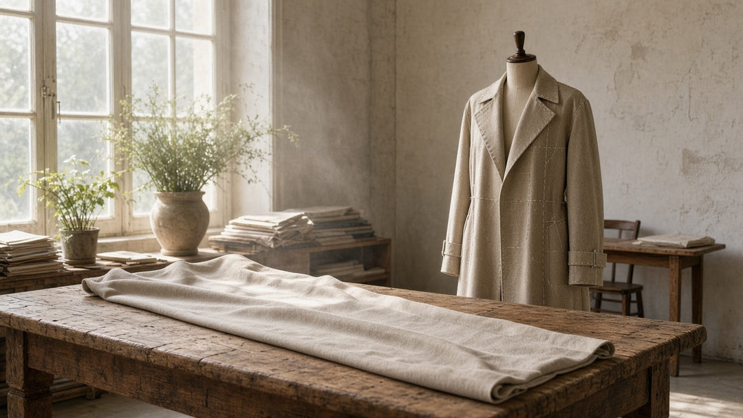 Tailor's atelier with a wooden cutting table, a bolt of gabardine and an unfinished trench on a dress form
