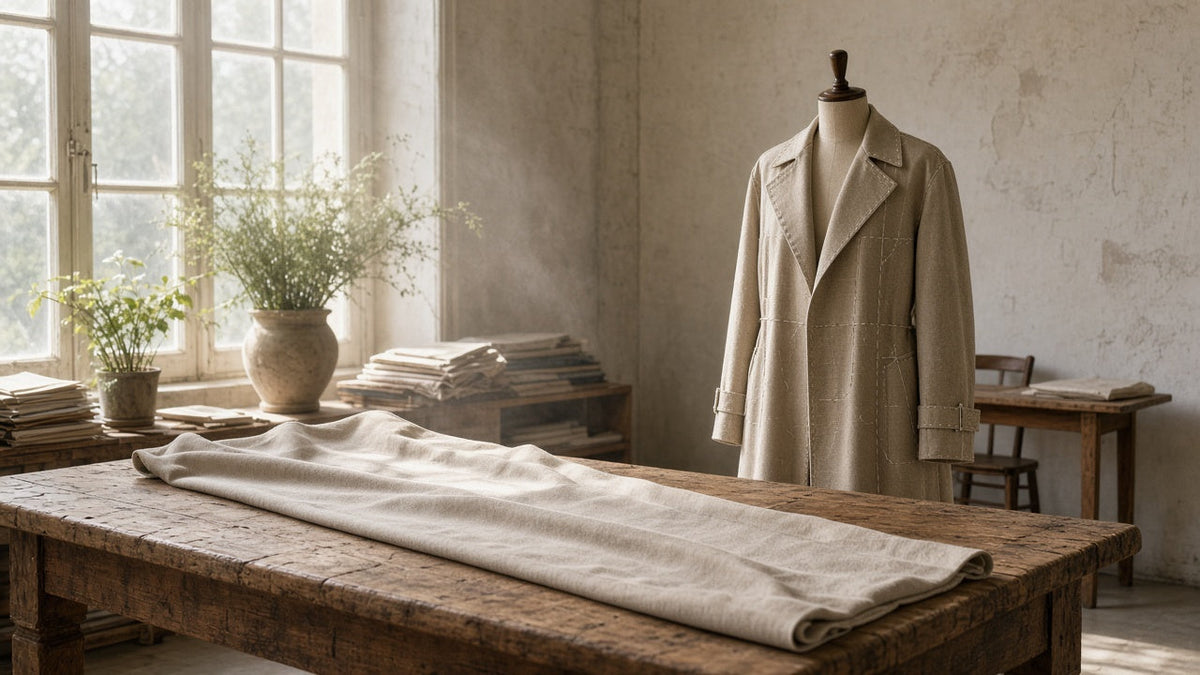 Tailor's atelier with a wooden cutting table, a bolt of gabardine and an unfinished trench on a dress form