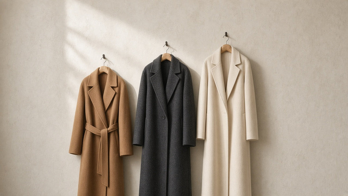 Camel, charcoal wool and ivory cashmere coats on padded wooden hangers against a plaster wall