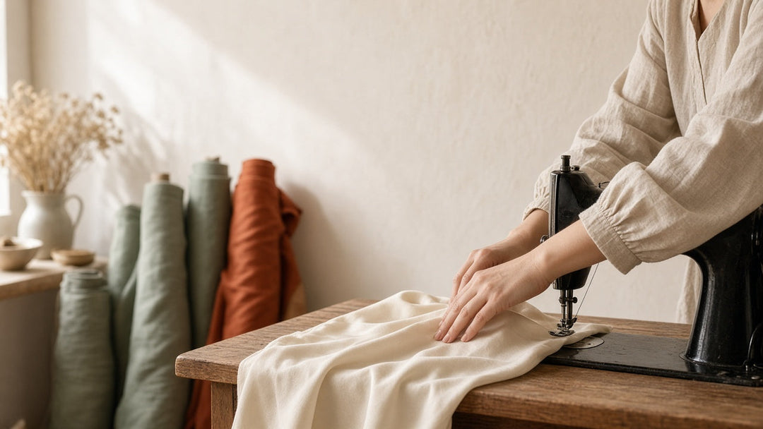 Seamstress guiding ivory silk through a sewing machine in a small workshop with rolls of linen and silk
