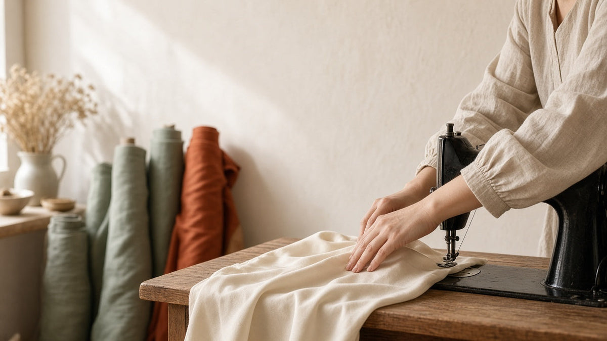 Seamstress guiding ivory silk through a sewing machine in a small workshop with rolls of linen and silk