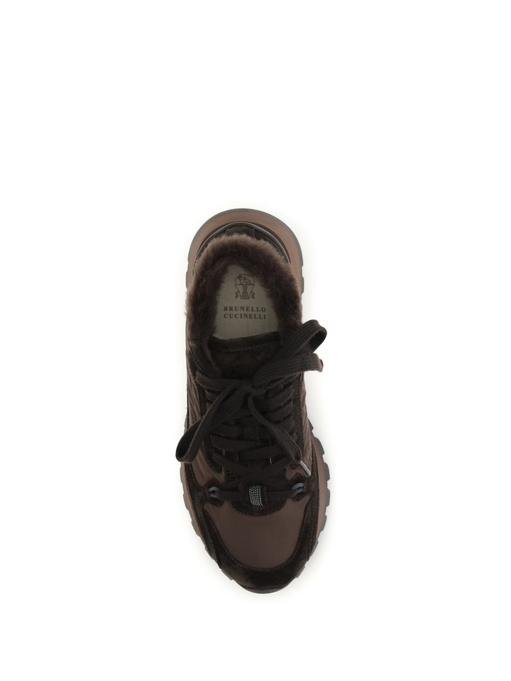 Suede and techno fabric Sneakers with shearling lining and monile 4