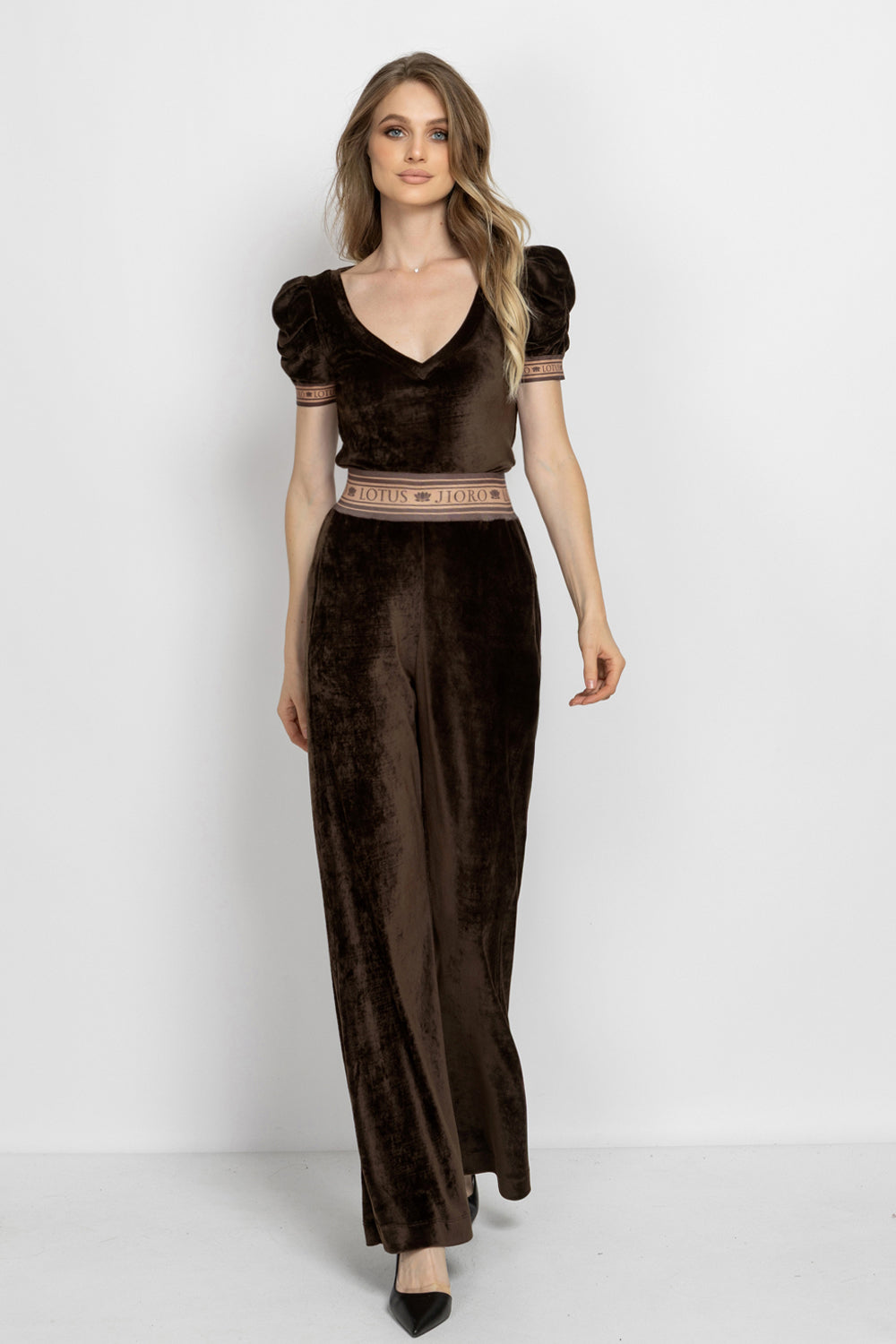 V-NECK VELVET TOP WITH PUFF SLEEVES MOCHA MOUSSE LOGO TRIM - ESSENTIALS