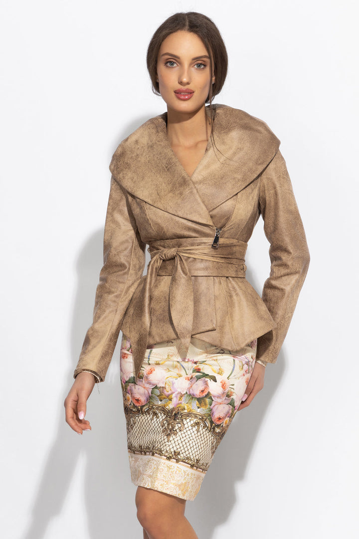 SUEDE-LOOK BLAZER WITH ASYMMETRICAL CLOSURE IN CAPPUCINO- ESSENTIALS JIORO БЛЕЙЗЕР С ШАЛ ЯКА ОТ ВЕЛУР В ЦВЯТ КАПУЧИНО - ESSENTIALS JIORO