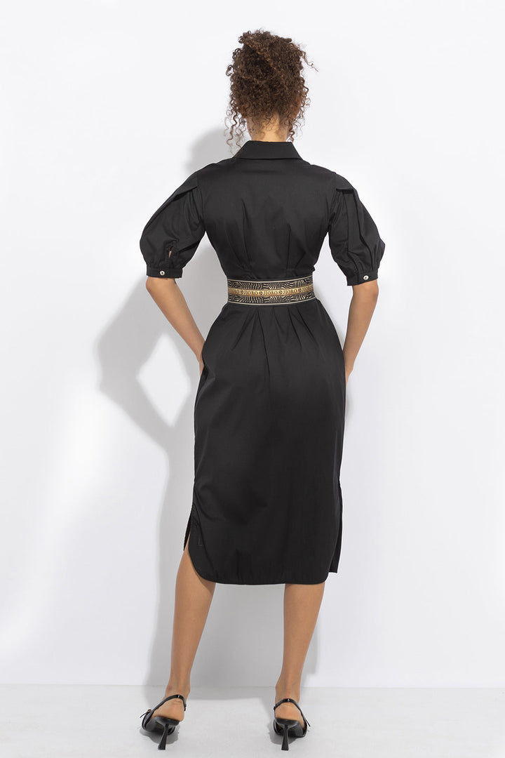 BLACK SHIRT COTTON POPLIN DRESS WITH OVAL HEM - ESSENTIALS JIORO ЧЕРНА РОКЛЯ ТИП РИЗА ОТ ПАМУЧЕН ПОПЛИН С ОВАЛЕН ПОДГЪВ - ESSENTIALS JIORO