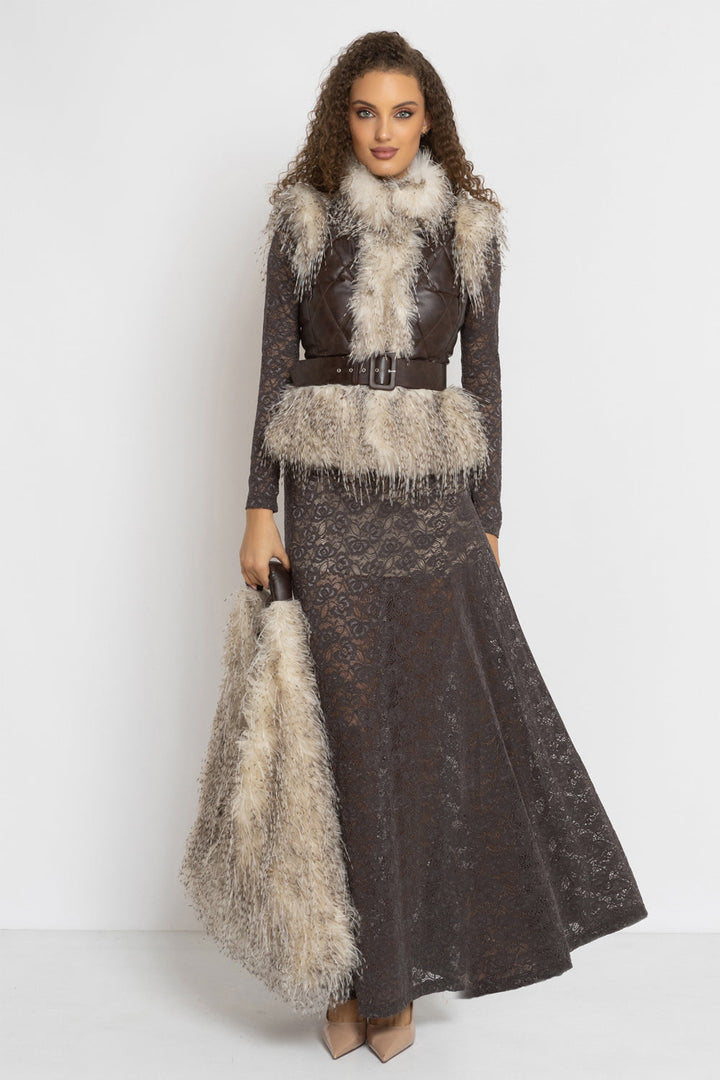 LEATHER-EFFECT GILET WITH OWL FUR TEXTURE - ESSENTIALS JIORO ЕЛЕК С ЕФЕКТ НА КОЖА И ИМИТАЦИЯ НА КОСЪМ С ОКРАСКА СОВА - ESSENTIALS JIORO