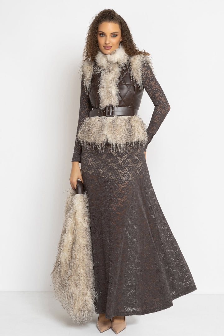 LEATHER-EFFECT GILET WITH OWL FUR TEXTURE - ESSENTIALS JIORO ЕЛЕК С ЕФЕКТ НА КОЖА И ИМИТАЦИЯ НА КОСЪМ С ОКРАСКА СОВА - ESSENTIALS JIORO