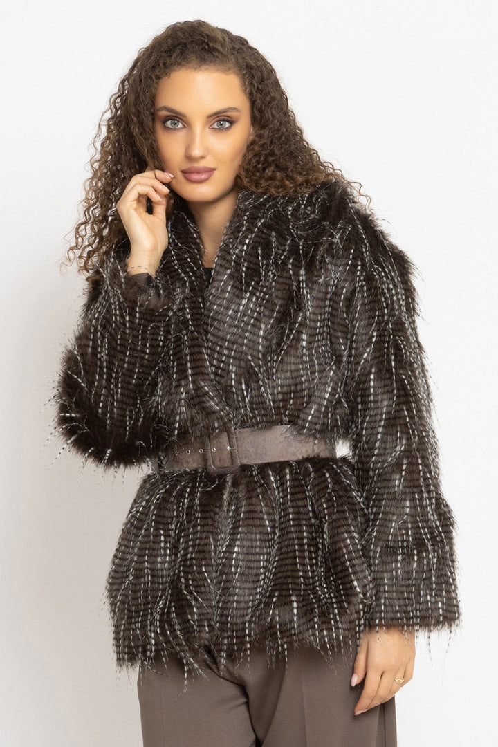 OVERSIZED PHEASANT PATTERN FAUX FUR COAT WITH BELT - ESSENTIALS JIORO ОВЪРСАЙЗ ПАЛТО ОТ ИЗКУСТВЕН КОСЪМ С ШАРКА ФАЗАН С ГОЛЯМА ШАЛ-ЯКА - ESSENTIALS JIORO