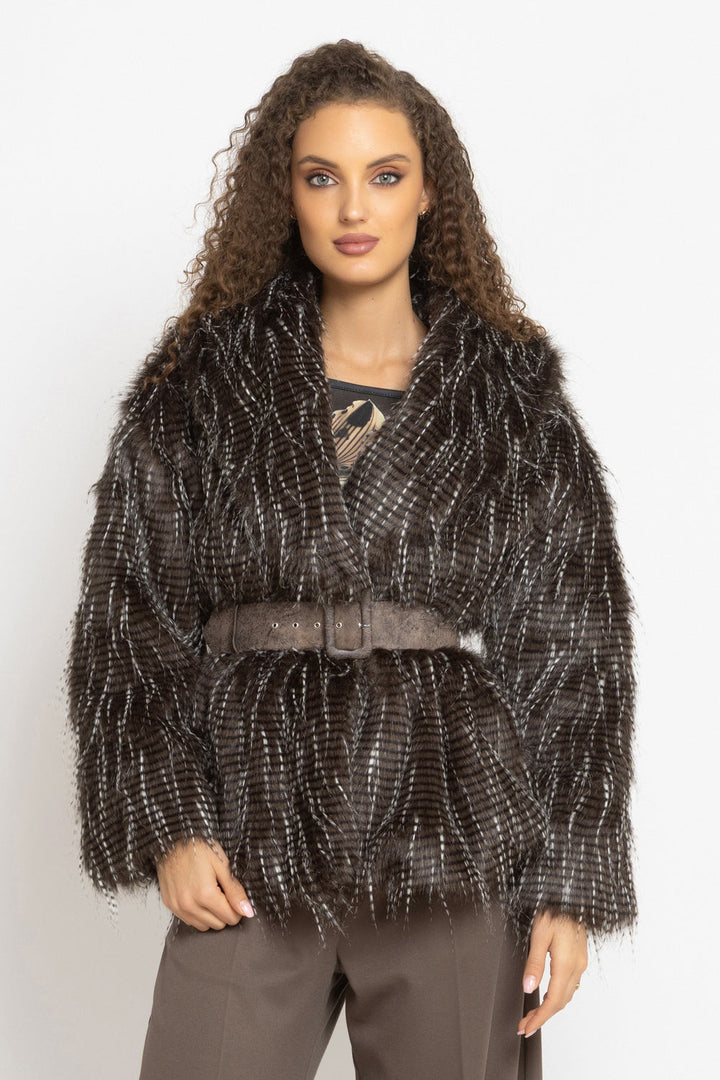 OVERSIZED PHEASANT PATTERN FAUX FUR COAT WITH BELT - ESSENTIALS JIORO ОВЪРСАЙЗ ПАЛТО ОТ ИЗКУСТВЕН КОСЪМ С ШАРКА ФАЗАН С ГОЛЯМА ШАЛ-ЯКА - ESSENTIALS JIORO