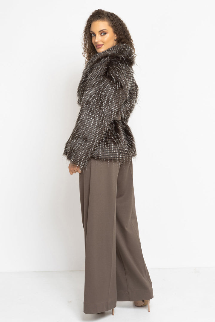 OVERSIZED PHEASANT PATTERN FAUX FUR COAT WITH BELT - ESSENTIALS
