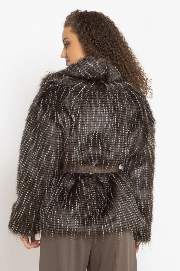 OVERSIZED PHEASANT PATTERN FAUX FUR COAT WITH BELT - ESSENTIALS JIORO ОВЪРСАЙЗ ПАЛТО ОТ ИЗКУСТВЕН КОСЪМ С ШАРКА ФАЗАН С ГОЛЯМА ШАЛ-ЯКА - ESSENTIALS JIORO