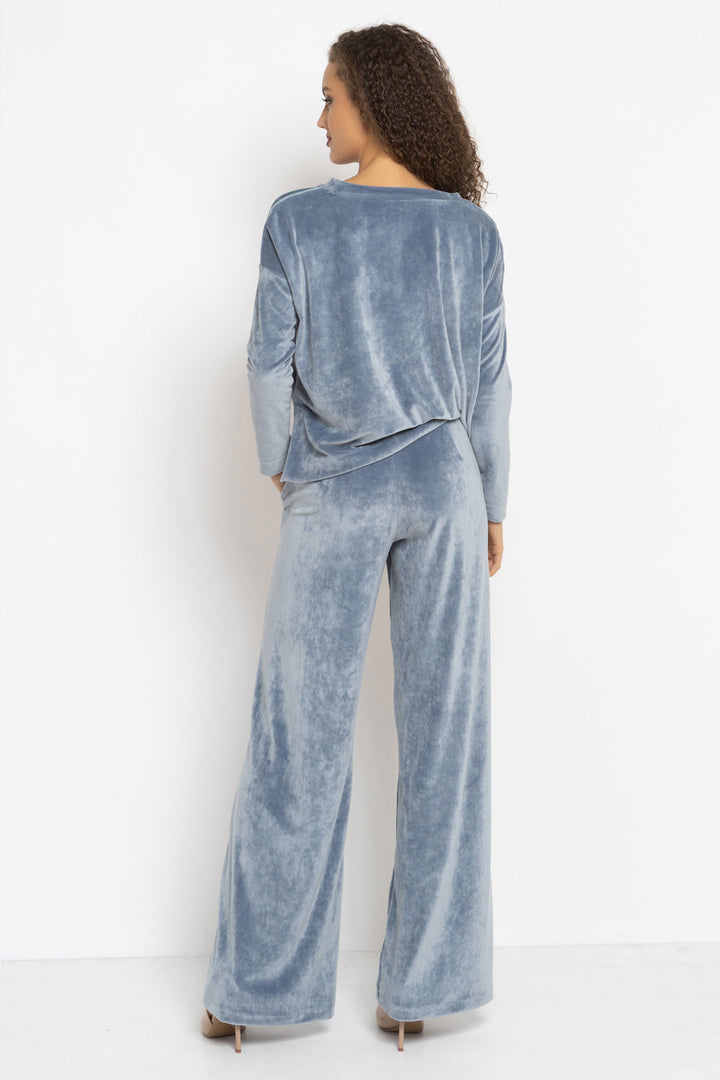 VELVET WIDE-LEG TROUSERS WITH ELASTIC WAIST IN STEEL GREY - ESSENTIALS JIORO БЛУЗА ОТ КАДИФЕ С НАБРАН КЪС РЪКАВ И V ДЕКОЛТЕ В СТОМАНЕНО СИВО - ESSENTIALS JIORO
