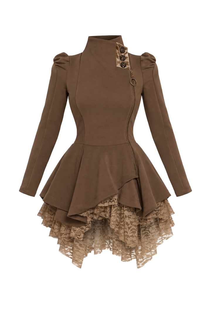 ASYMMETRIC MODAL PEPLUM BLAZER IN MOCHA  - ESSENTIALS JIORO АСИМЕТРИЧЕН БЛЕЙЗЪР ОТ КУПРО МОДАЛ В МОКА - ESSENTIALS JIORO