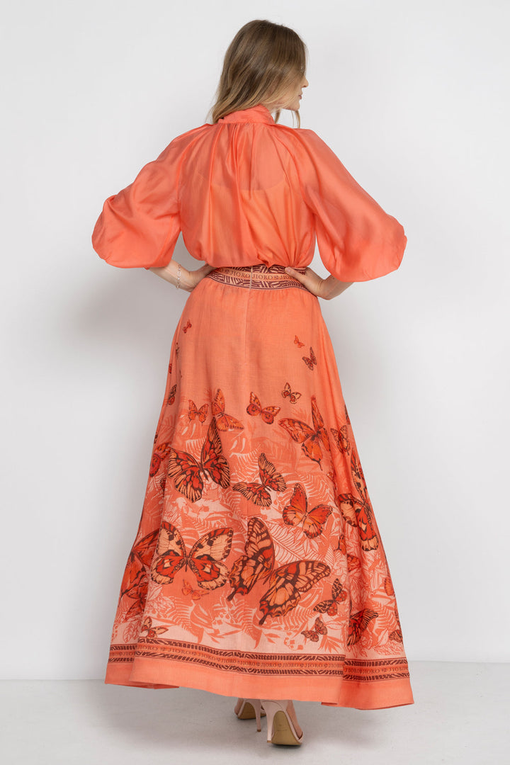 BOHEMIAN PAPAYA LYOCELL BLOUSE WITH PUFF SLEEVES AND TIE-FRONT COLLAR - ESSENTIALS JIORO БОХЕМСКА РИЗА ОТ ЛИОЦЕЛ В ЦВЯТ ПАПАЯ С БОГАТИ РЪКАВИ И ВРЪЗКА - ESSENTIALS JIORO