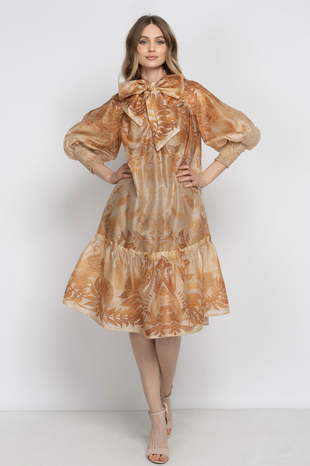FLARED LYOCELL DRESS WITH BOW - SUNSET