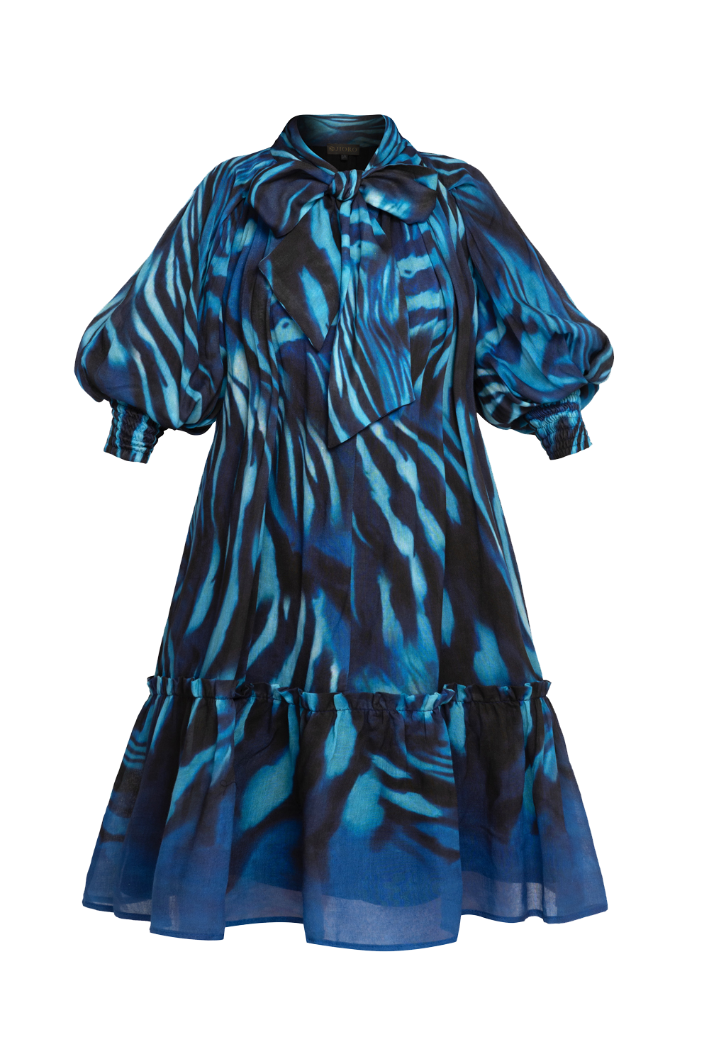 FLARED LYOCELL MIDI DRESS WITH BOW AND VOLUMINOUS SLEEVES - SHADES OF BLUE JIORO РАЗКРОЕНА МИДИ РОКЛЯ ОТ ЛИОСЕЛ С ПАНДЕЛКА И ОБЕМНИ РЪКАВИ - SHADES OF BLUE JIORO
