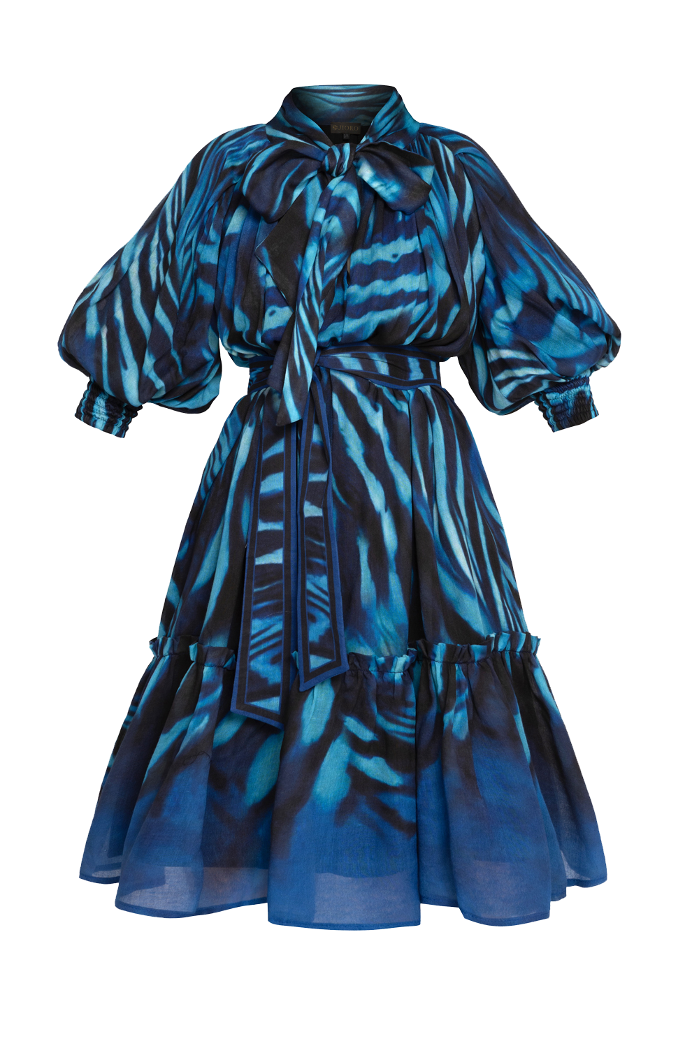 FLARED LYOCELL MIDI DRESS WITH BOW AND VOLUMINOUS SLEEVES - SHADES OF BLUE JIORO РАЗКРОЕНА МИДИ РОКЛЯ ОТ ЛИОСЕЛ С ПАНДЕЛКА И ОБЕМНИ РЪКАВИ - SHADES OF BLUE JIORO