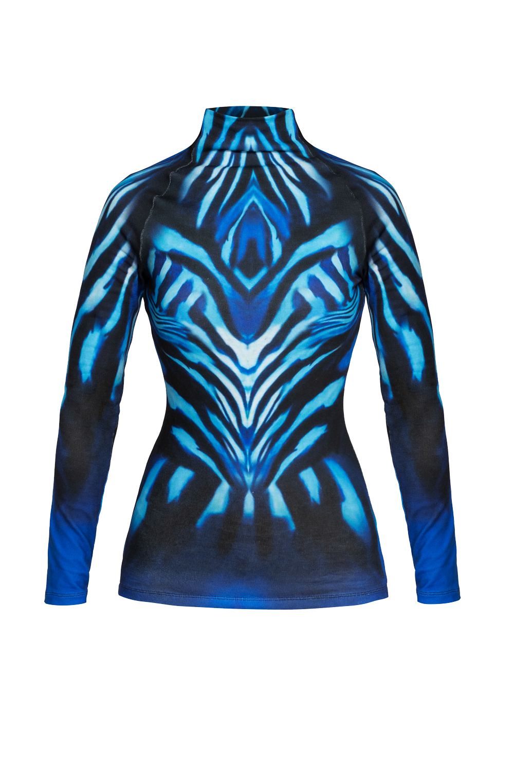FITTED KNIT TURTLENECK TOP WITH LONG RAGLAN SLEEVES - SHADES OF BLUE JIORO ВТАЛЕНА БЛУЗА ОТ ФИНО ПЛЕТИВО С ПОЛО ЯКА И ДЪЛГИ РЕГЛАН РЪКАВИ - SHADES OF BLUE JIORO