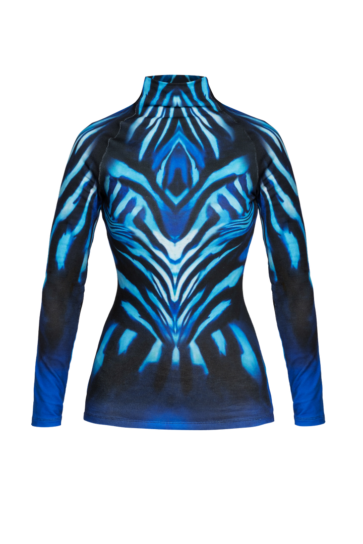 FITTED KNIT TURTLENECK TOP WITH LONG RAGLAN SLEEVES - SHADES OF BLUE JIORO ВТАЛЕНА БЛУЗА ОТ ФИНО ПЛЕТИВО С ПОЛО ЯКА И ДЪЛГИ РЕГЛАН РЪКАВИ - SHADES OF BLUE JIORO