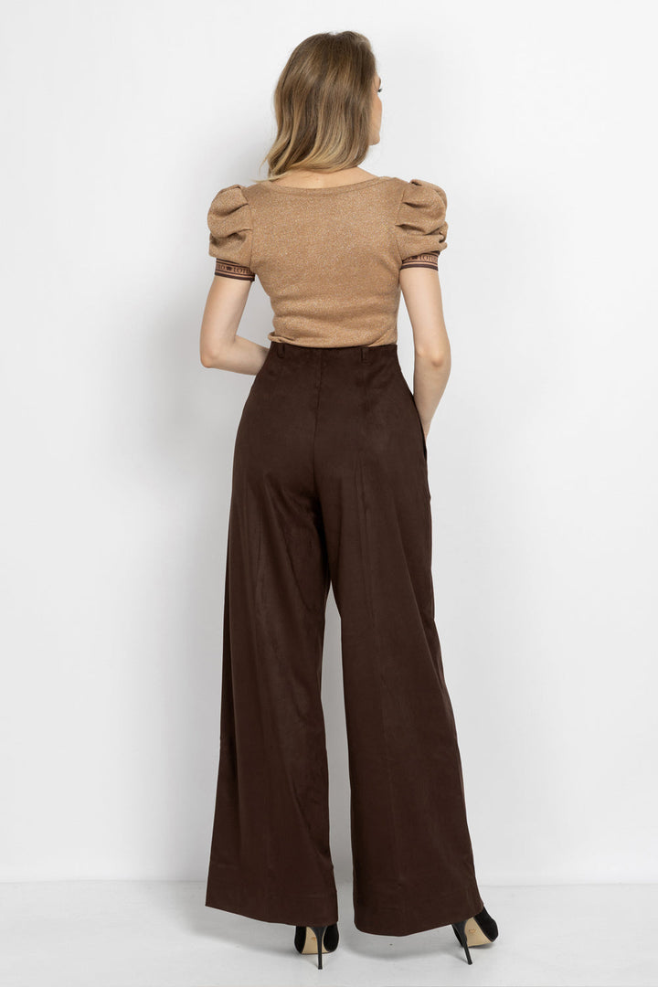 GOLD LUREX V-NECK TOP WITH PUFF SLEEVES - ESSENTIALS