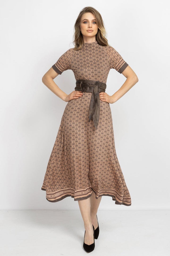 MODAL HIGH-NECK MIDI DRESS - MOCHA MOUSSE LOGO