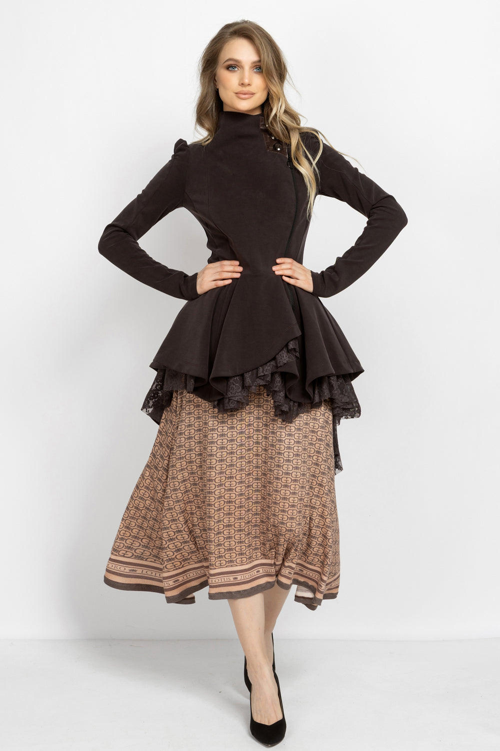 ASYMMETRIC MODAL PEPLUM BLAZER IN MOCHA - ESSENTIALS
