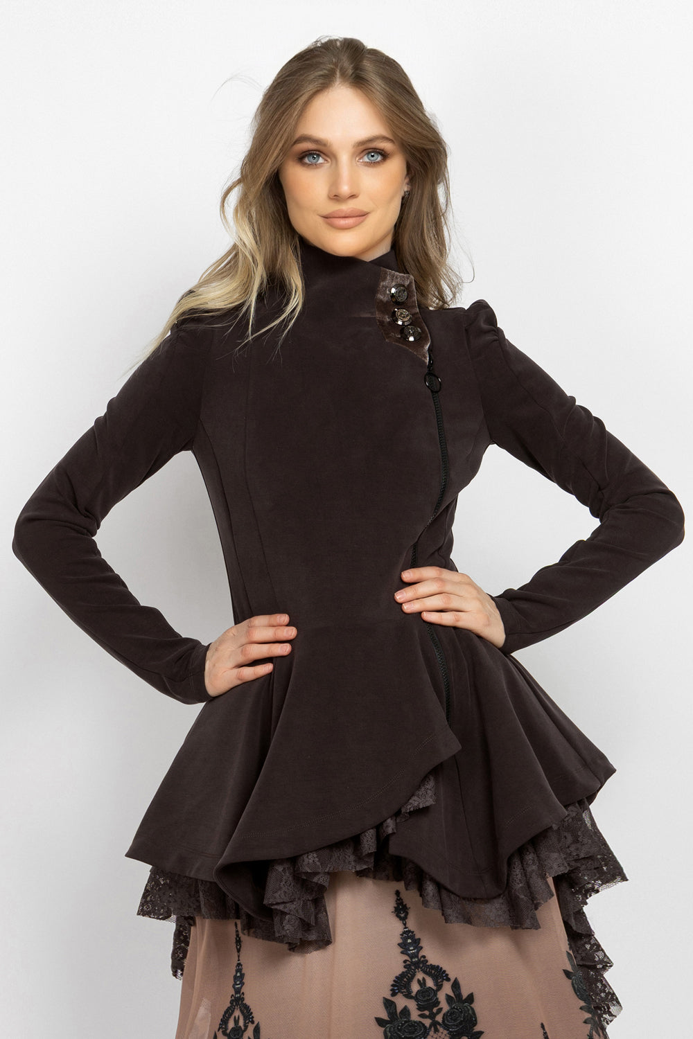 ASYMMETRIC MODAL PEPLUM BLAZER IN MOCHA - ESSENTIALS