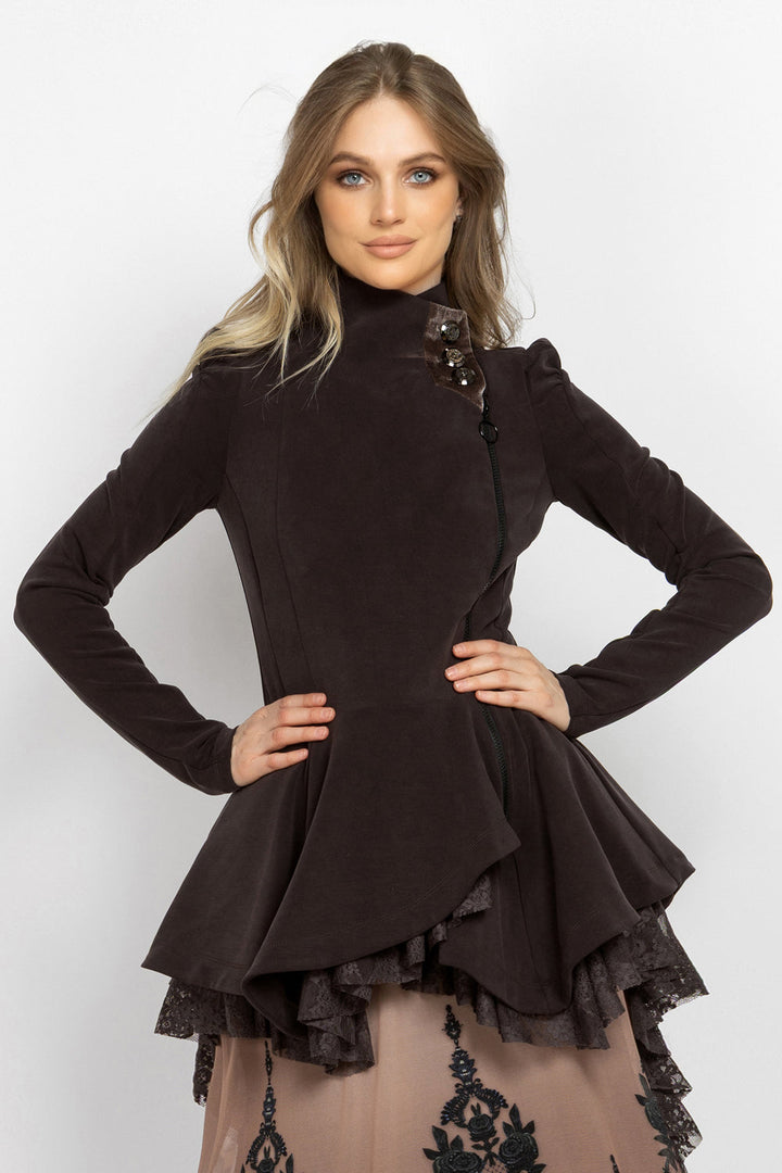 ASYMMETRIC MODAL PEPLUM BLAZER IN MOCHA - ESSENTIALS