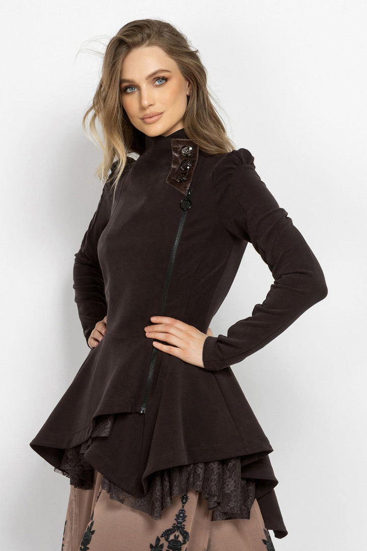 ASYMMETRIC MODAL PEPLUM BLAZER IN MOCHA - ESSENTIALS