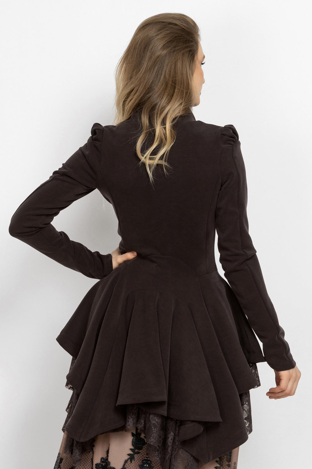 ASYMMETRIC MODAL PEPLUM BLAZER IN MOCHA - ESSENTIALS