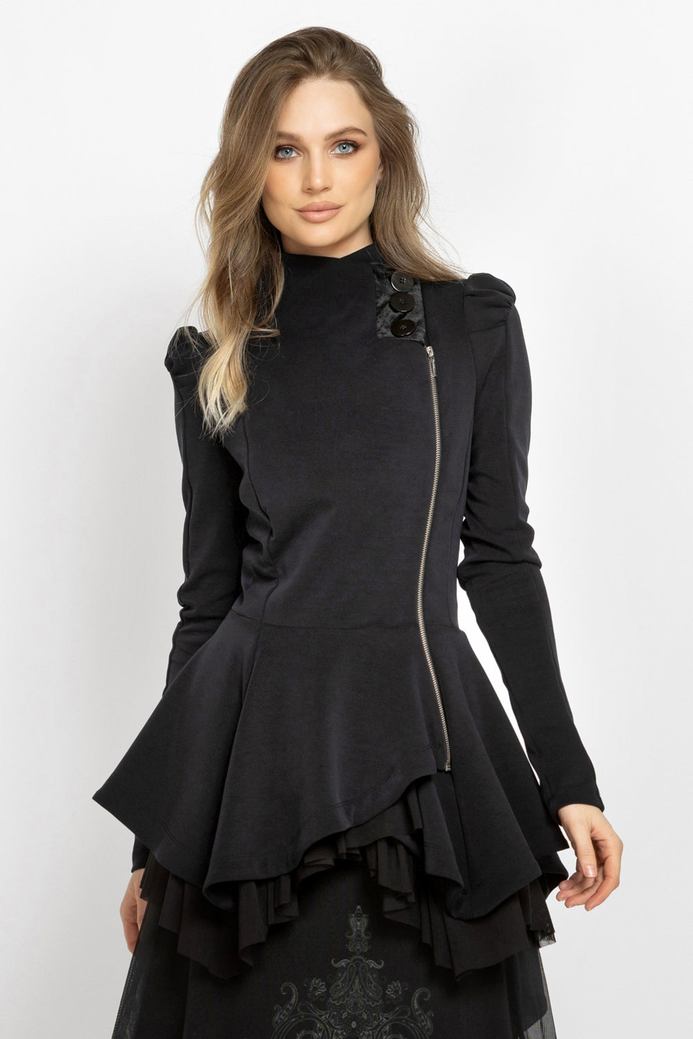 ASYMMETRIC MODAL PEPLUM BLAZER IN BLACK - ESSENTIALS