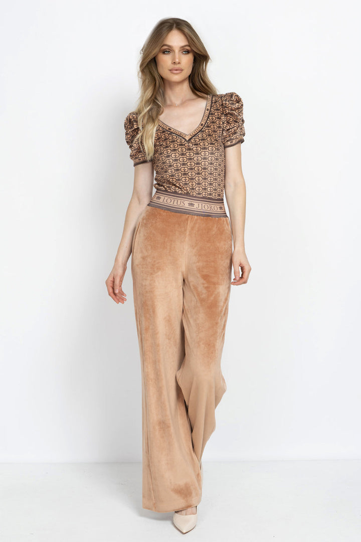 VELVET V-NECK TOP WITH PUFF SLEEVES - MOCHA MOUSSE LOGO