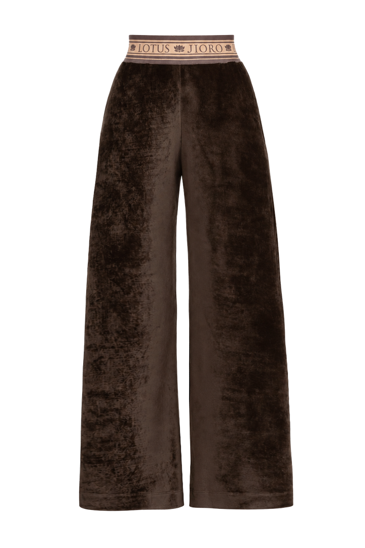 TRUFFLE VELVET WIDE-LEG PANTS WITH MOCHA MOUSSE LOGO WAISTBAND - ESSENTIALS