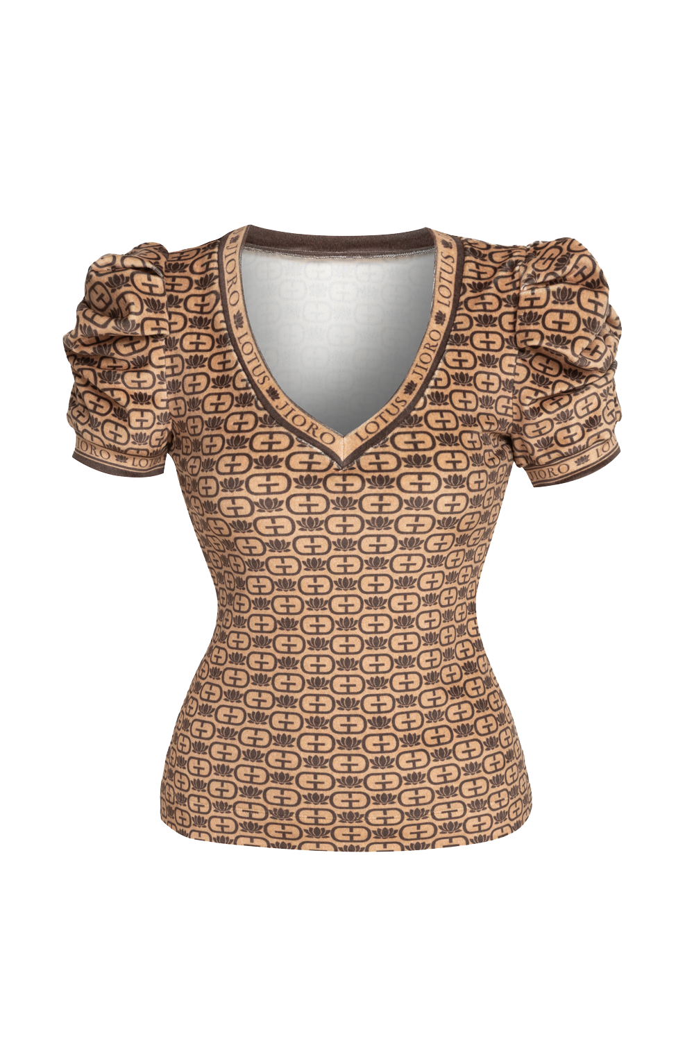 VELVET V-NECK TOP WITH PUFF SLEEVES - MOCHA MOUSSE LOGO
