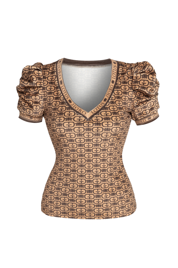 VELVET V-NECK TOP WITH PUFF SLEEVES - MOCHA MOUSSE LOGO