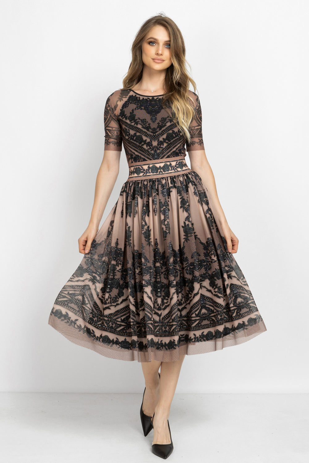 MESH SKIRT WITH ELASTIC WAIST AND VISCOSE LINING - GRAFFITI POWDER