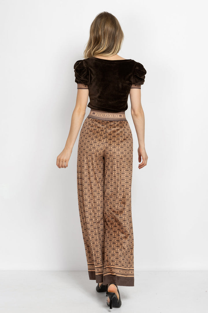 V-NECK VELVET TOP WITH PUFF SLEEVES MOCHA MOUSSE LOGO TRIM - ESSENTIALS