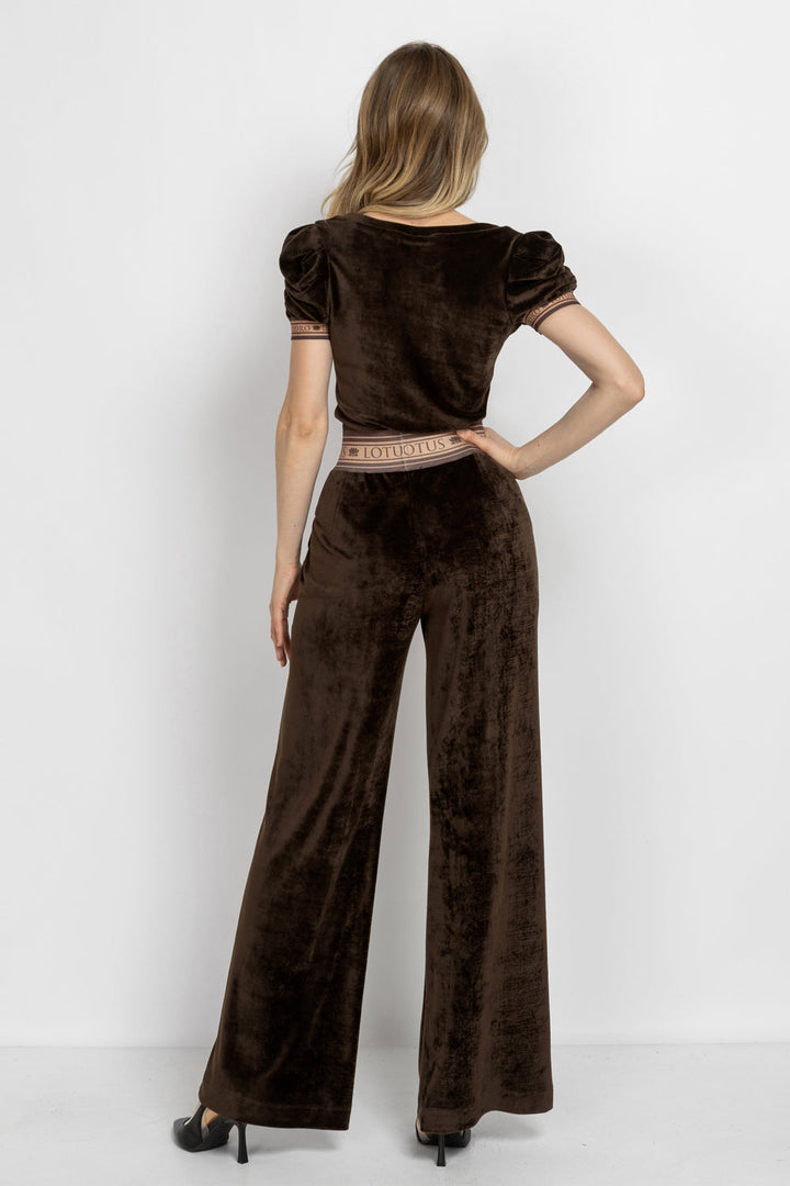 V-NECK VELVET TOP WITH PUFF SLEEVES MOCHA MOUSSE LOGO TRIM - ESSENTIALS