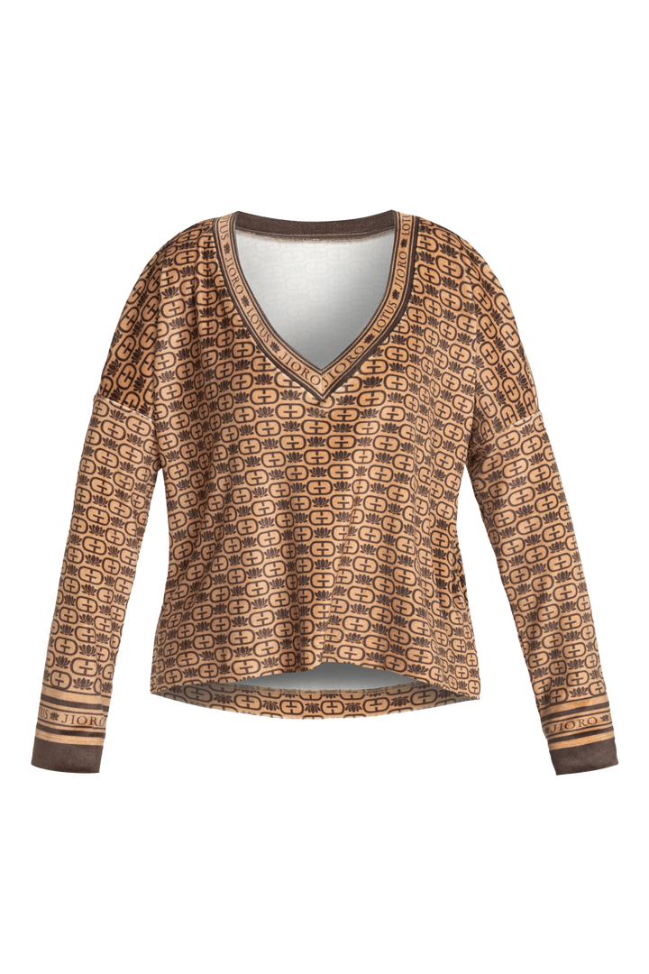 RELAXED VELVET V-NECK TOP - MOCHA MOUSSE LOGO