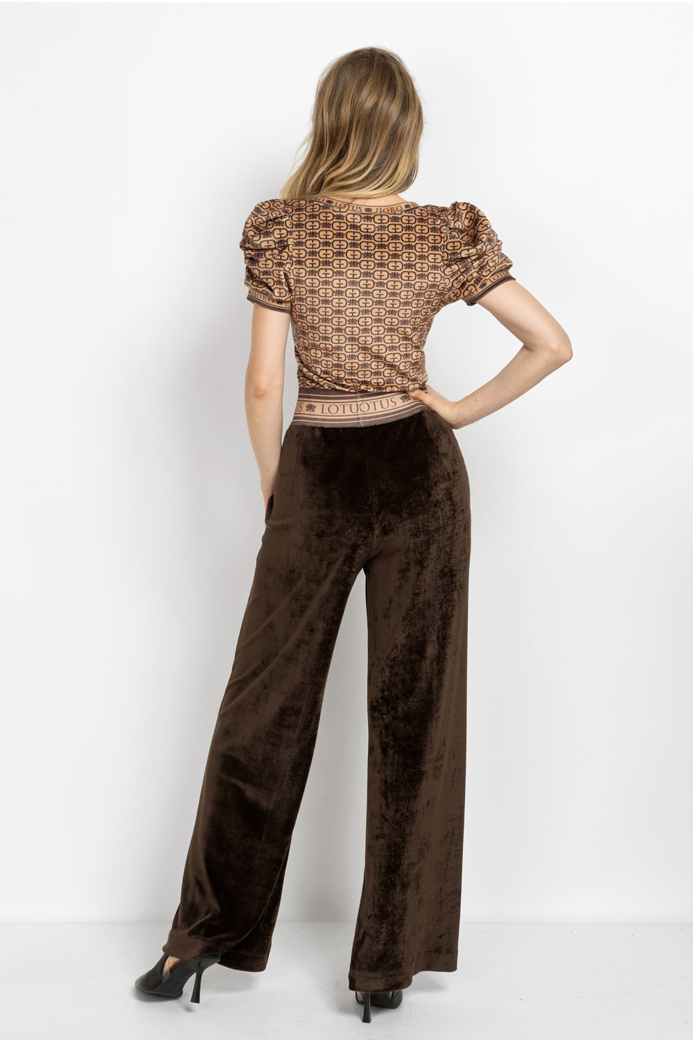 VELVET V-NECK TOP WITH PUFF SLEEVES - MOCHA MOUSSE LOGO