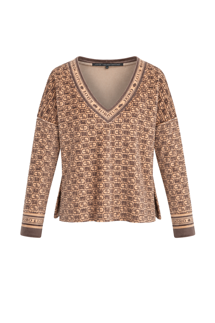 RELAXED VELVET V-NECK TOP - MOCHA MOUSSE LOGO