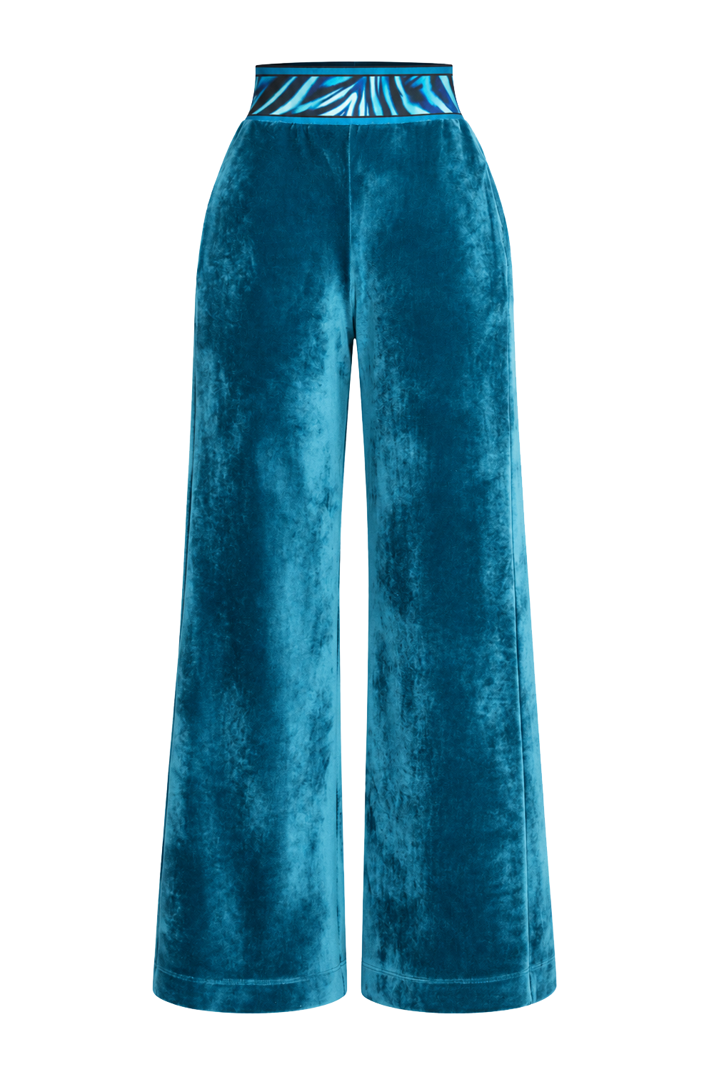 DUSTY TEAL VELVET WIDE-LEG PANTS WITH SHADES OF BLUE WAISTBAND - ESSENTIALS JIORO ШИРОК ПАНТАЛОН ОТ КАДИФЕ В ЦВЯТ ТИЙЛ С ЛАСТИК SHADES OF BLUE - ESSENTIALS JIORO
