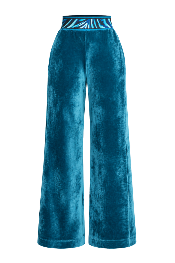 DUSTY TEAL VELVET WIDE-LEG PANTS WITH SHADES OF BLUE WAISTBAND - ESSENTIALS JIORO ШИРОК ПАНТАЛОН ОТ КАДИФЕ В ЦВЯТ ТИЙЛ С ЛАСТИК SHADES OF BLUE - ESSENTIALS JIORO