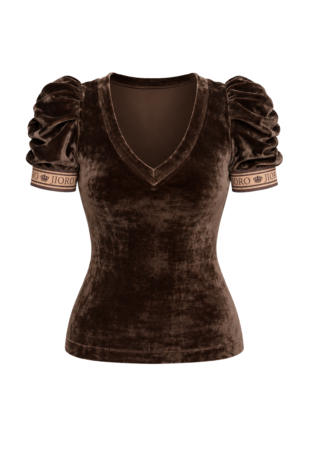 V-NECK VELVET TOP WITH PUFF SLEEVES MOCHA MOUSSE LOGO TRIM - ESSENTIALS