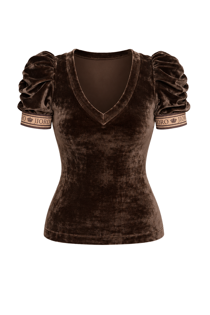 V-NECK VELVET TOP WITH PUFF SLEEVES MOCHA MOUSSE LOGO TRIM - ESSENTIALS