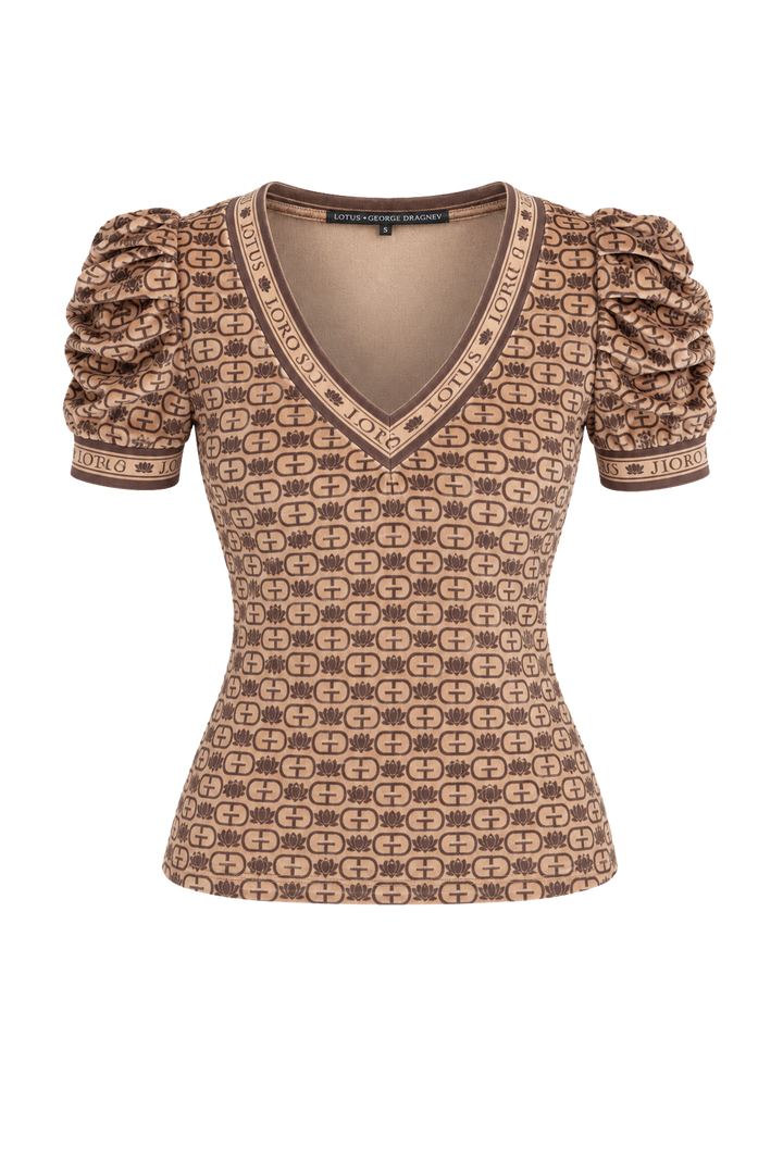 VELVET V-NECK TOP WITH PUFF SLEEVES - MOCHA MOUSSE LOGO